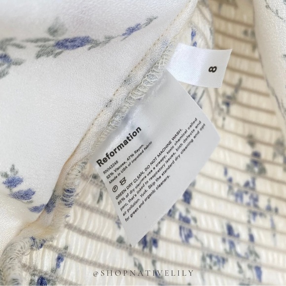 NWT Reformation Women's Lua Puff Sleeve Floral Smocked Top Sz 8, Ivory & Blue - Picture 14 of 16